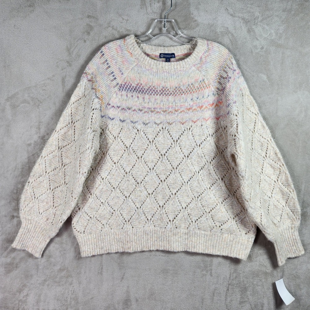 Democracy‎ Pointelle Fair Isle Sweater Womens 1X Cream Multi Knit Boho Comfy